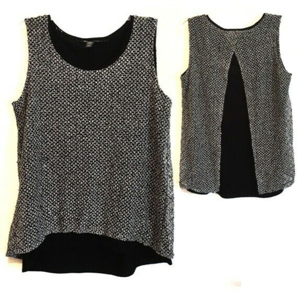 INC Crochet Sequin Split Back Top Black & White